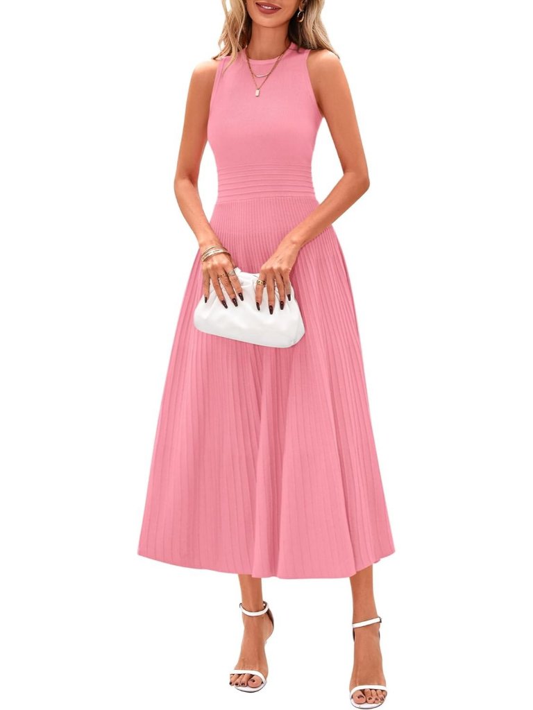 Women's Dress Midi Pink Crew Neck Short Sleeveles Pleated A Line Casual Summer